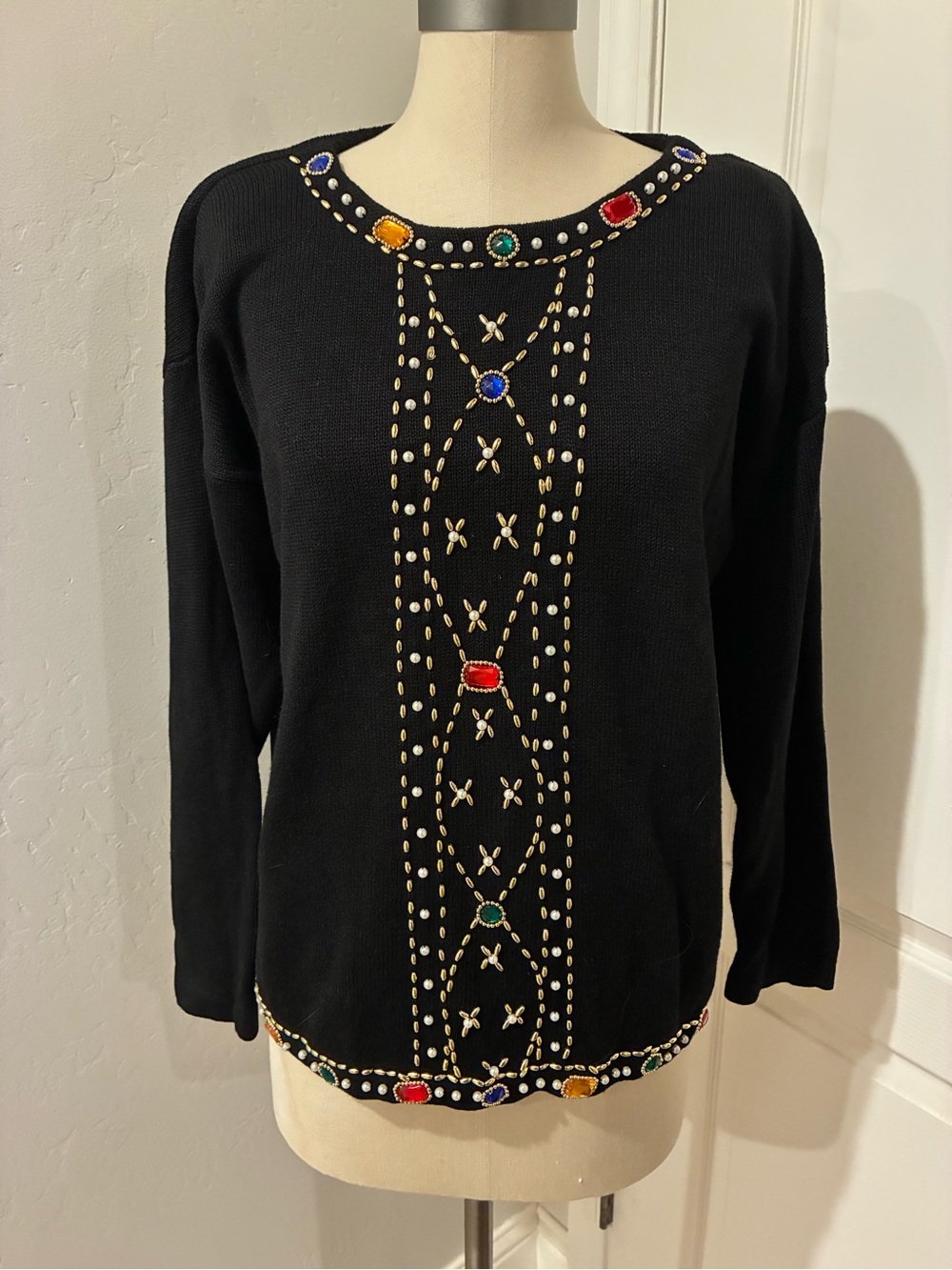 Victoria Jones Woman Black Crewneck Sweater with Multicolored Gem Embellishments